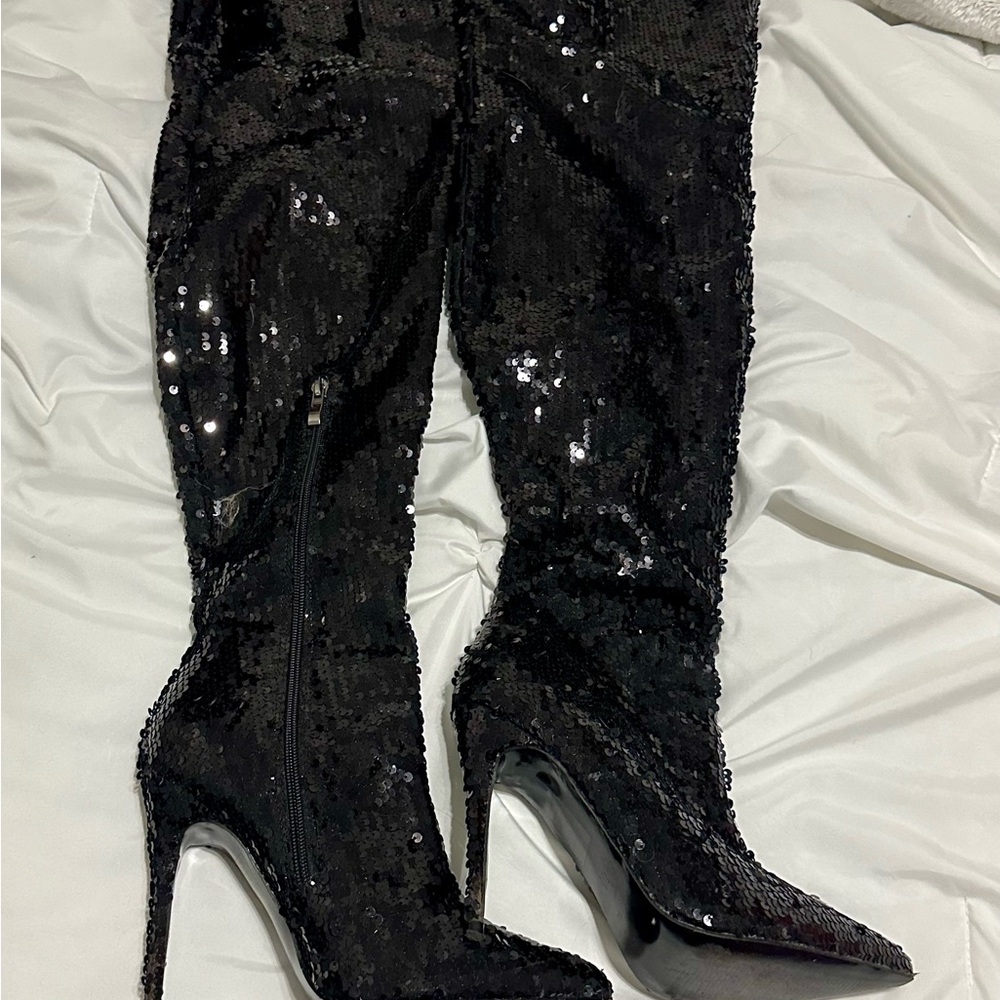 Elegant Black Sequin Women's Thigh High Boots